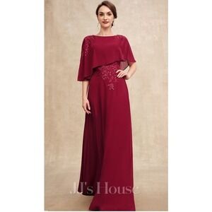 JJ's House Burgundy Beaded Sequins Chiffon Capelet Formal Evening Gown Dress‎ 12